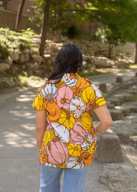 Pumpkin Short Sleeve Button Up Top Back