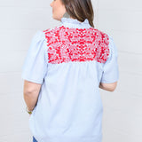 Woman with dark hair standing in a back profile position wearing the Reece Top against a white background. The focal point in this image is the pleated denim, and red embroidery stretching across the shoulders. The model paired this top with dark-wash denim shorts. 