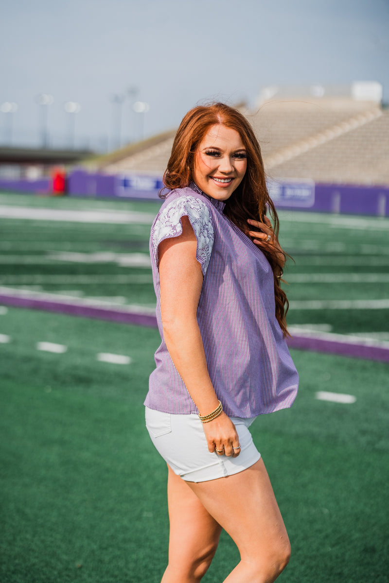 Sam Purple and White Stripe Short Sleeve Top Side