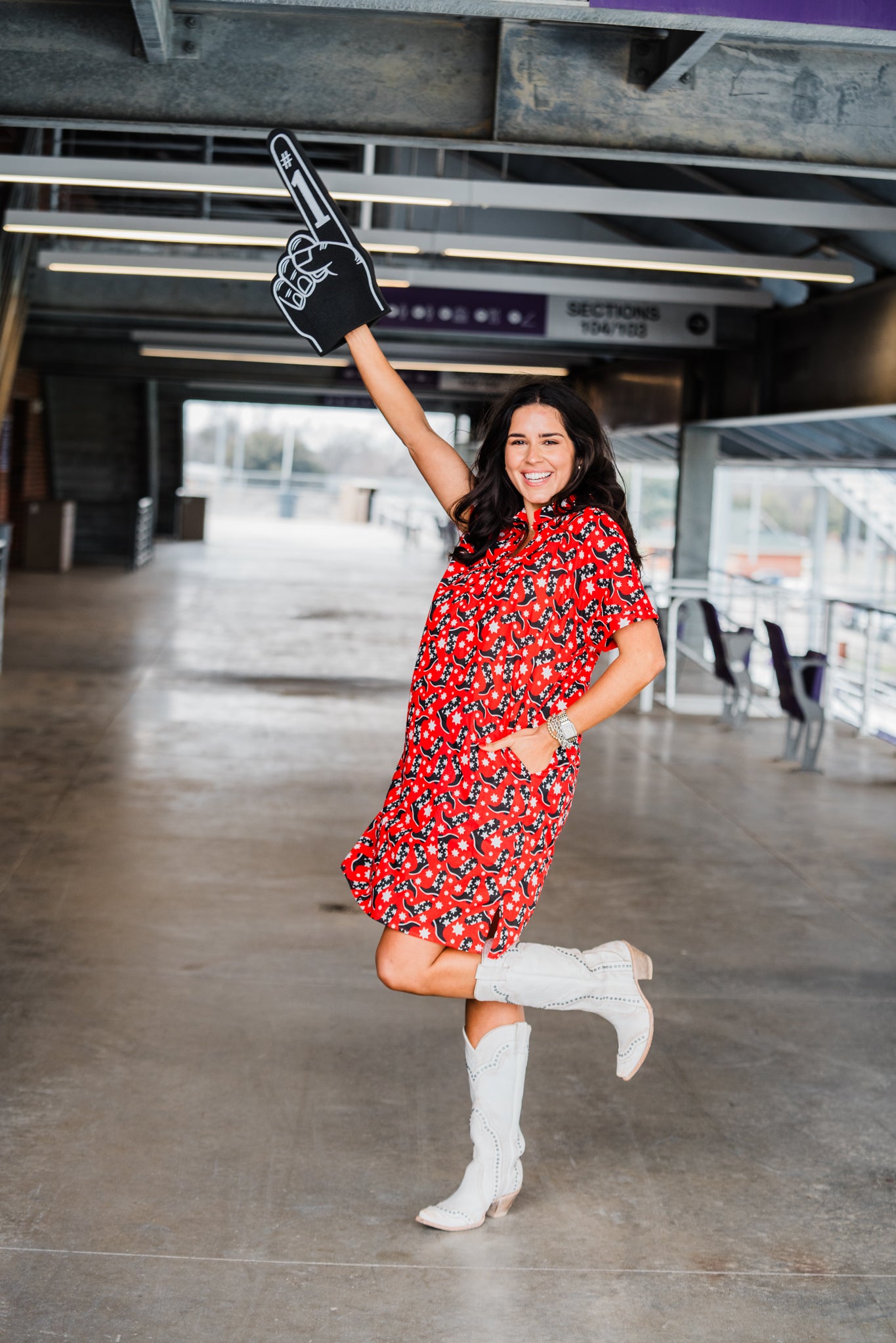 Tailgate Black/White Boot Design Short Sleeve Red Dress 