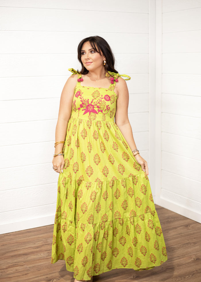 Addison Maxi Green Tie Shoulder Dress Front