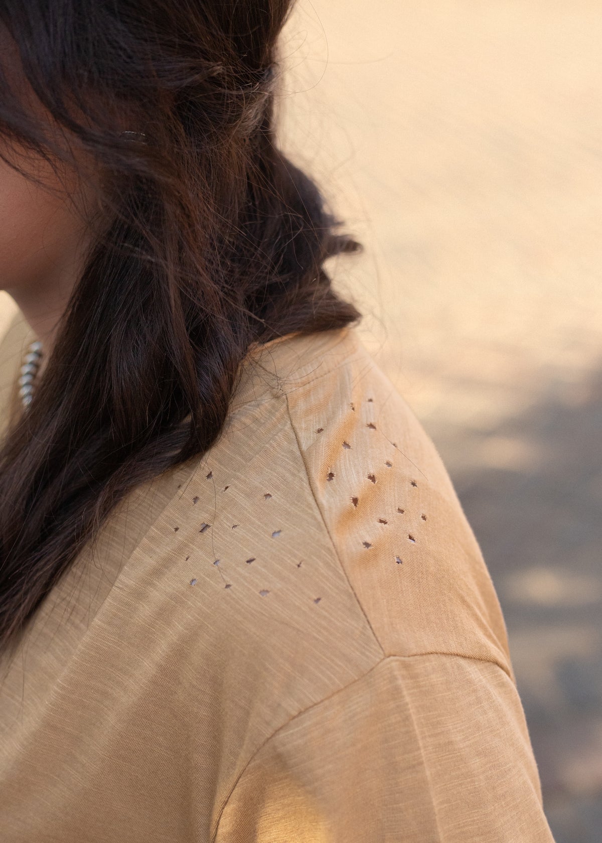 Basic Tan Short Sleeve Tee Shoulder Detail