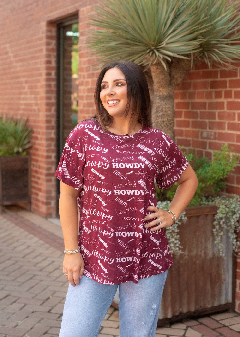 Basic Maroon Howdy Short Sleeve Tee Front