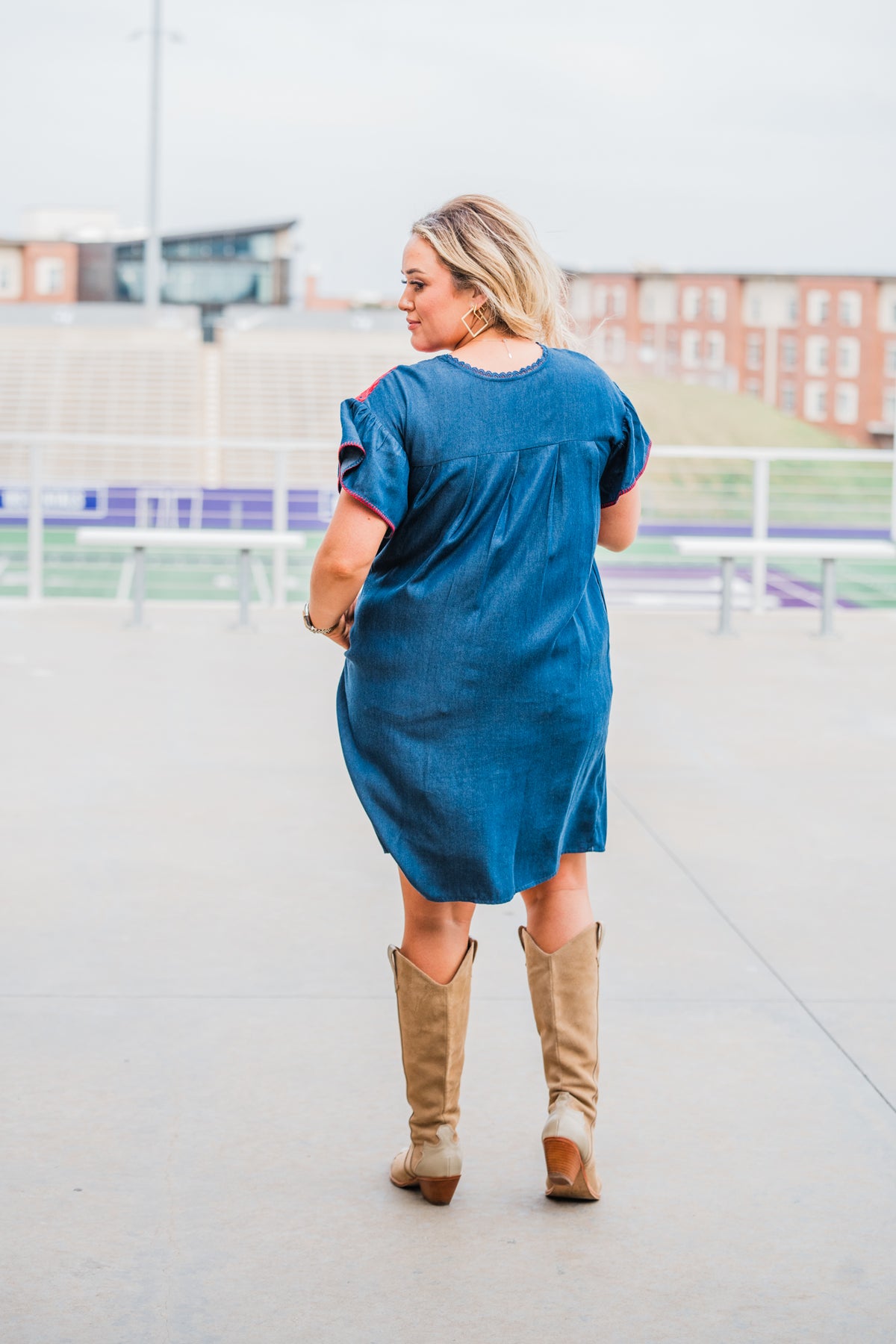 Wimberly Red Embroidery Short Sleeve Denim Dress Back