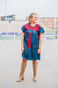 Wimberly Red Embroidery Short Sleeve Denim Dress Front