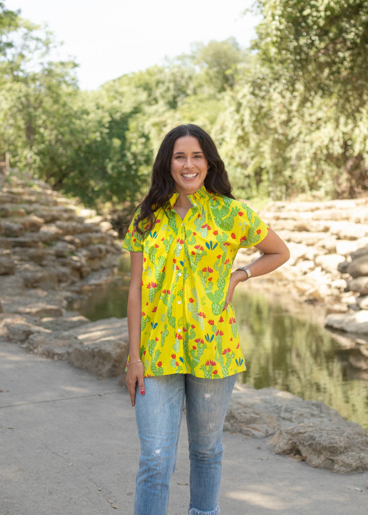 Lifestyle Windy Yellow Cactus Short Sleeve Top 