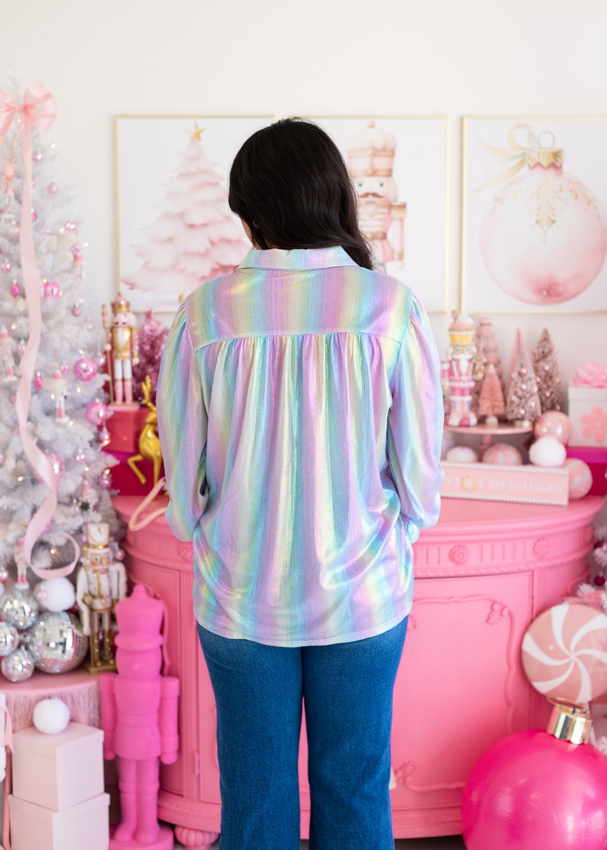 Candy Metallic Long Sleeve Button Up  Top Back