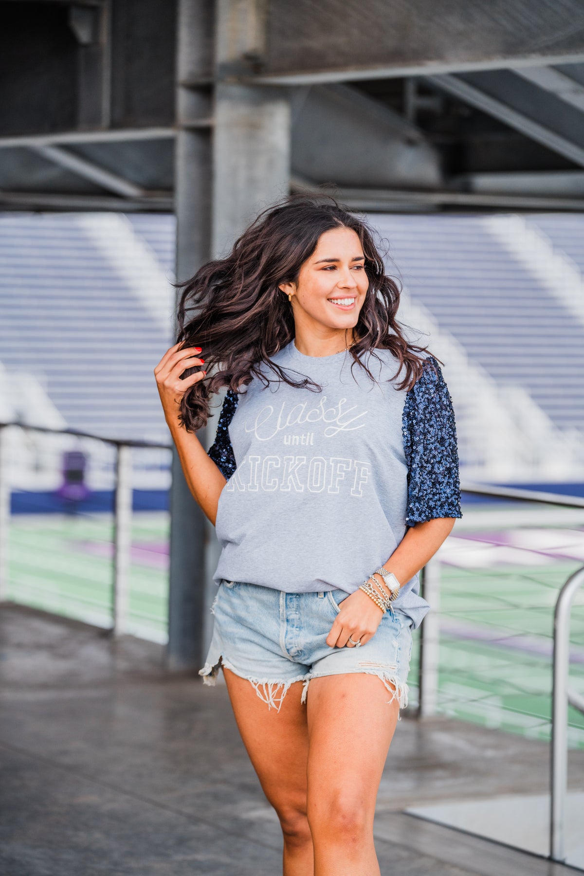 Classy Until Kickoff Top- Grey/Navy