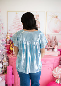 Ice Ice Baby White Embroidery Short Sleeve Metallic Blue Top Back