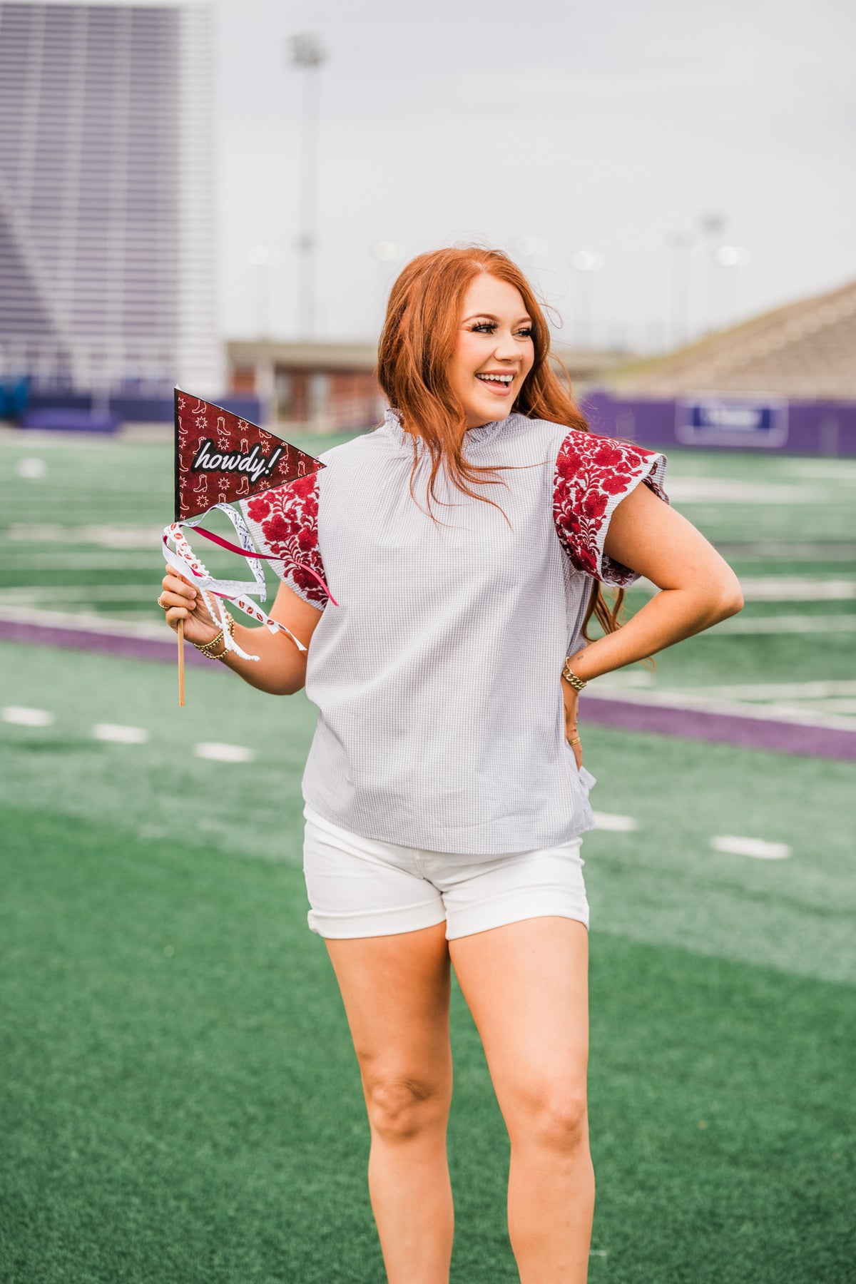 Kayla red Embroidery Short Sleeve Grey/White Gingham Top Front 