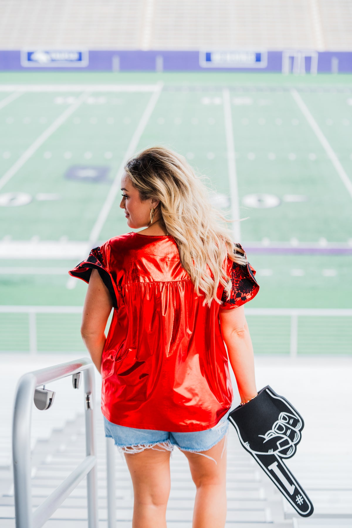 Klift Black Embroidery Short Sleeve Red Metallic Top Back