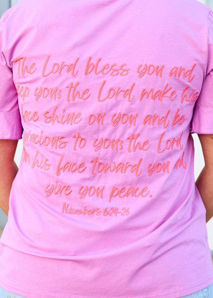 Basic Cross Tee pink Short Sleeve Shirt with Embroidered Cross Close Up Verse Numbers 6:24-26 on Back