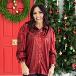 Ruby Metallic Red Long Sleeve Top Front