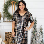 Cadence Gold/Black Shimmery Short Sleeve Knee Length Dress Front