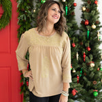 Bubbly Gold Embroidery Long Sleeve Gold Top Front
