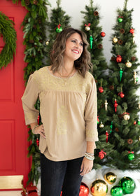 Bubbly Gold Embroidery Long Sleeve Gold Top Front