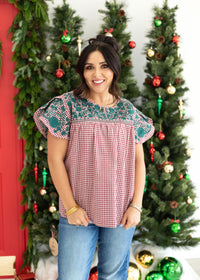 Ellen Green Embroidery Short Sleeve Red/White Gingham Top Front