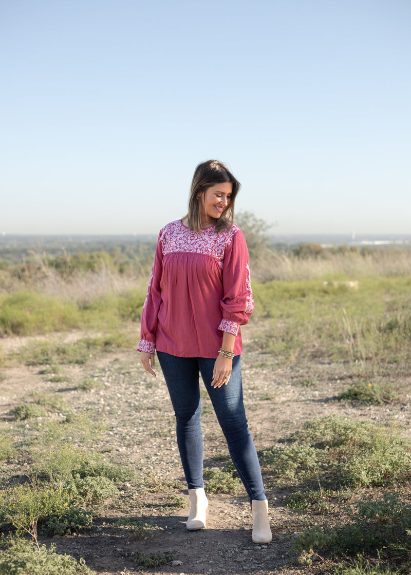 Front Lyndi Top pink sparkle long sleeve