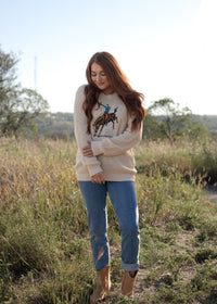 Front Mildred Sweater Cream bucking horse sweater