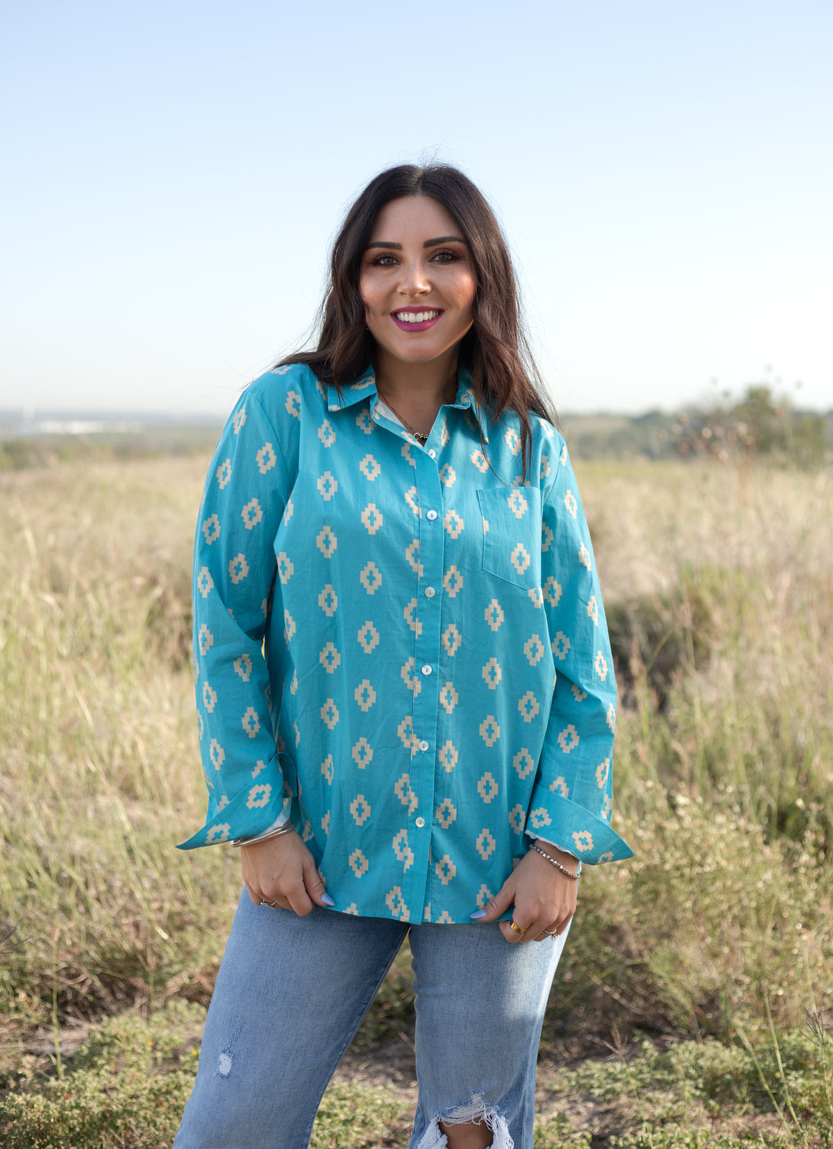 Front Mindy Top blue aztec top.