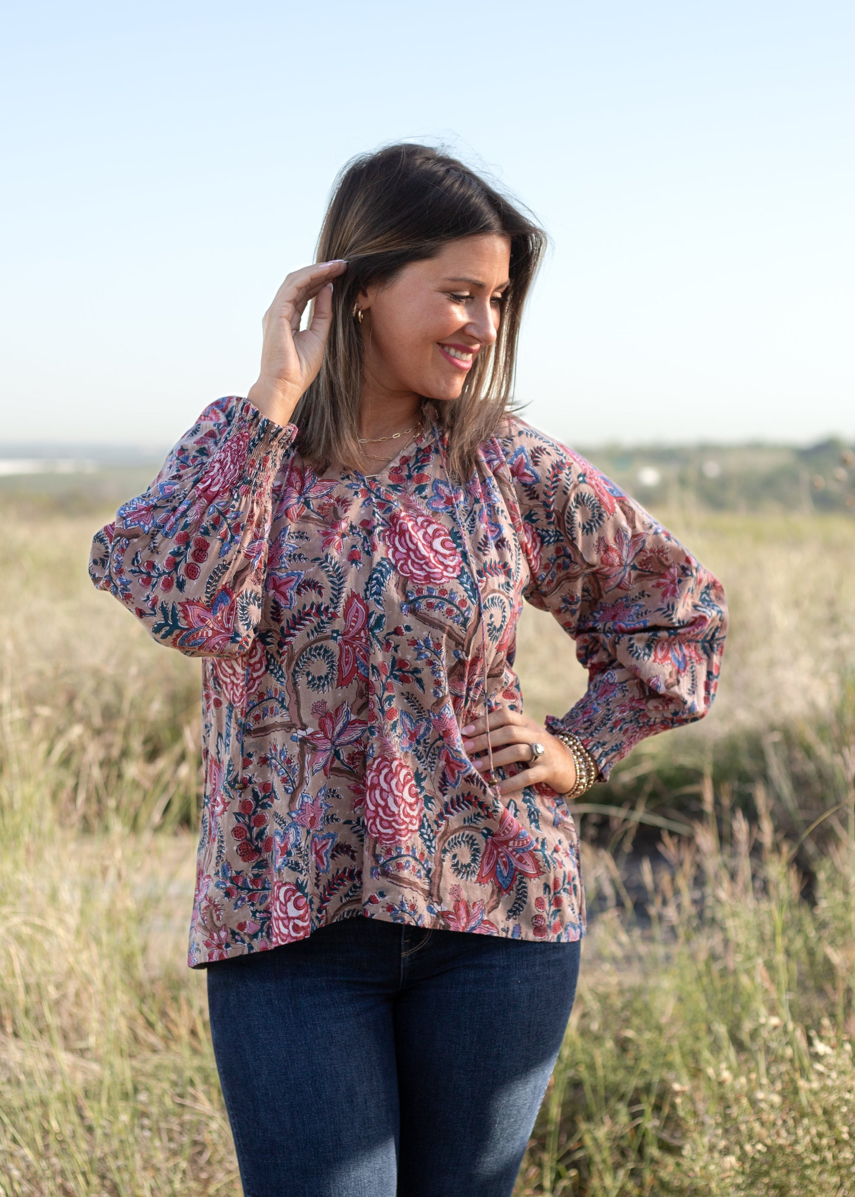 Front Jessica Top tan floral print long sleeve
