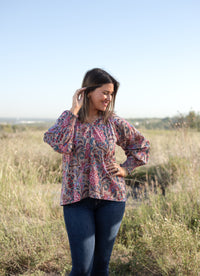 Front Jessica Top tan floral print long sleeve