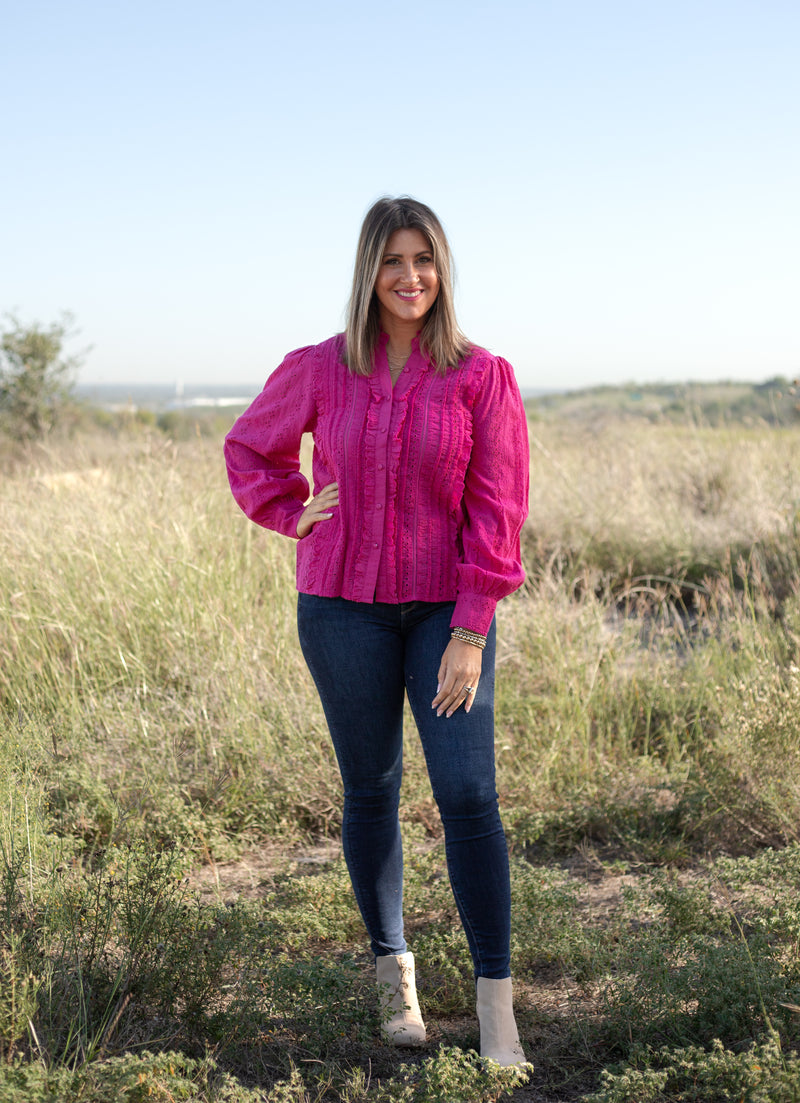 Front Kathleen Top pink lace eyelet top