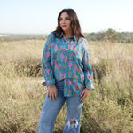 Front Tina Top cactus and rainbow printed button up.