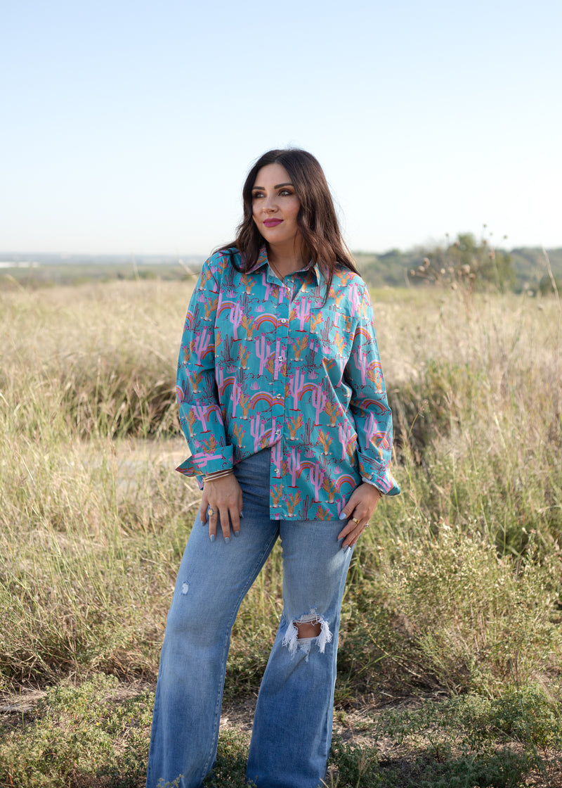 Front Tina Top cactus and rainbow printed button up.