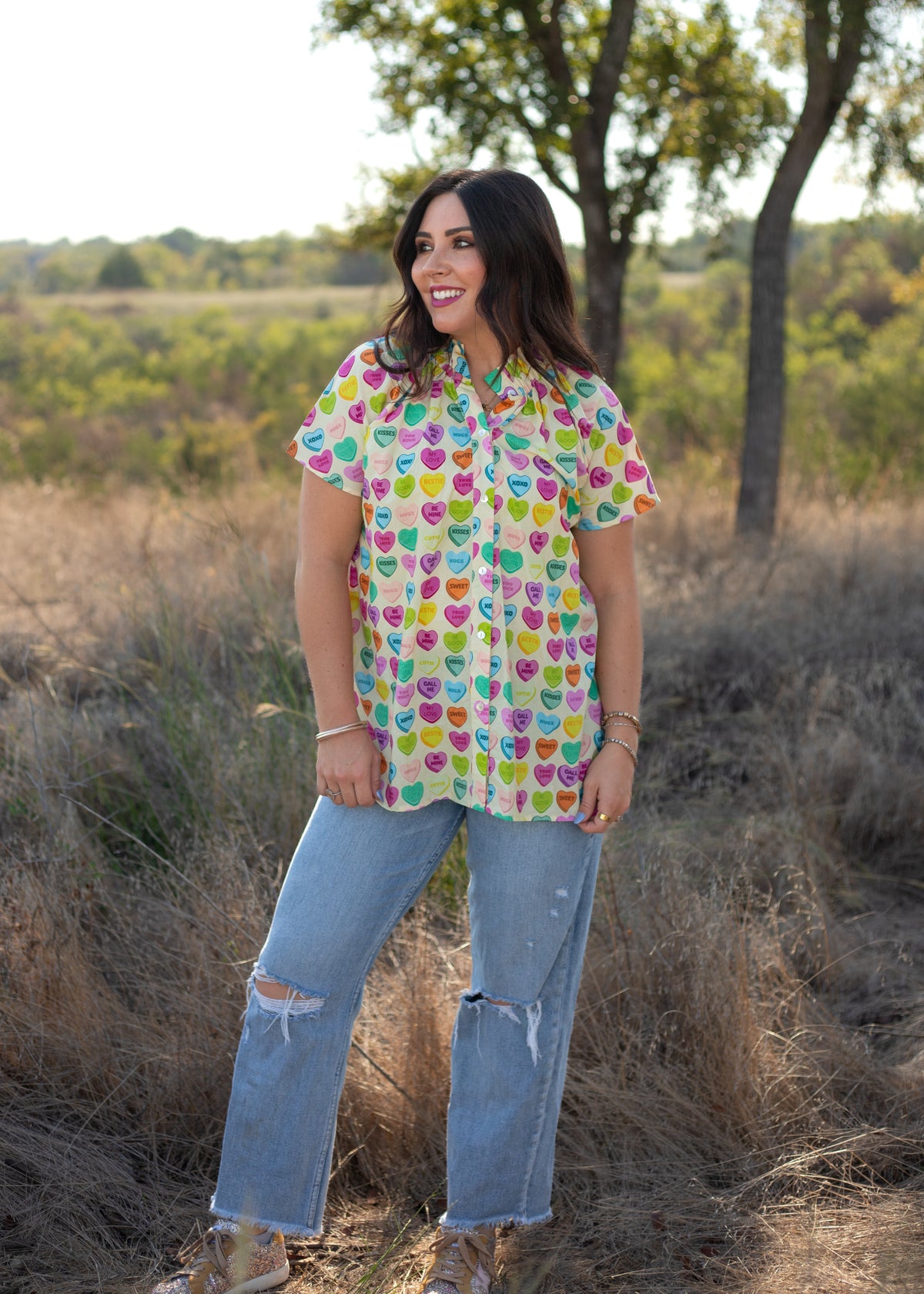 Front Sweetheart top conversation heart printed top.