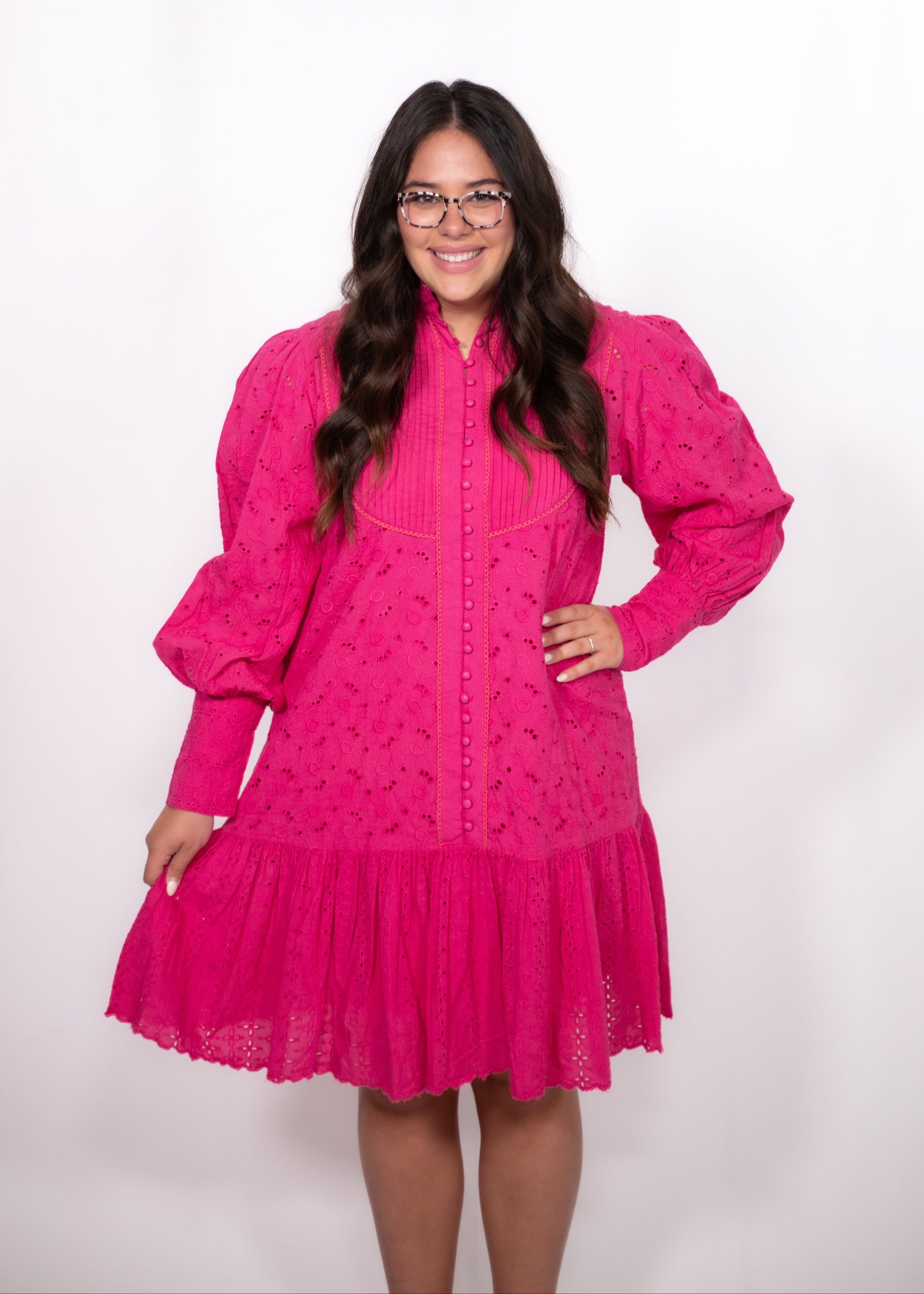 Samantha Pink Long Sleeve Knee Length Dress Front