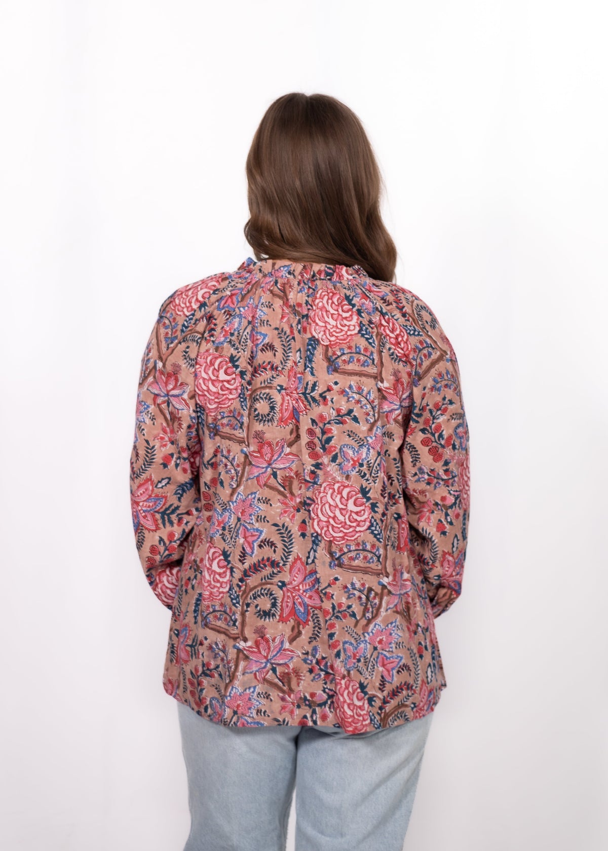 Back Jessica Top tan floral print long sleeve