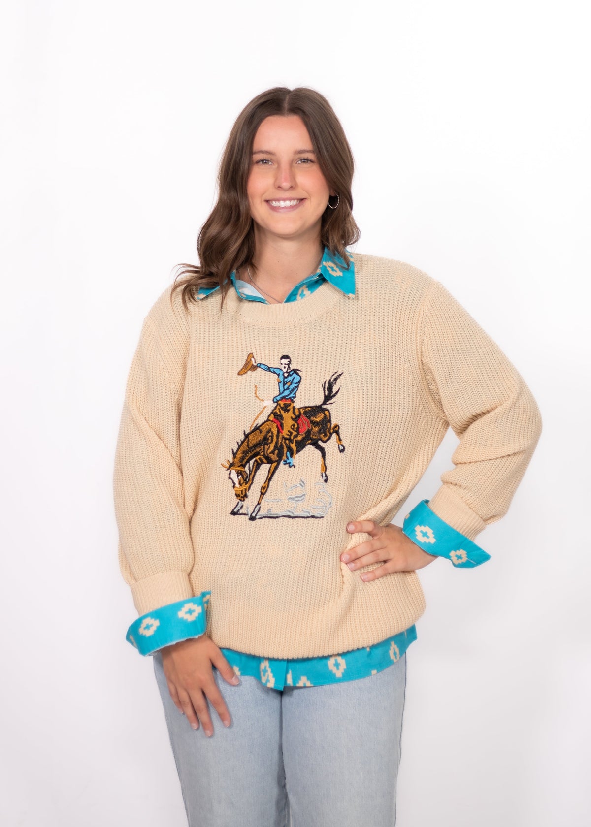 Front Mildred Sweater Cream bucking horse sweater