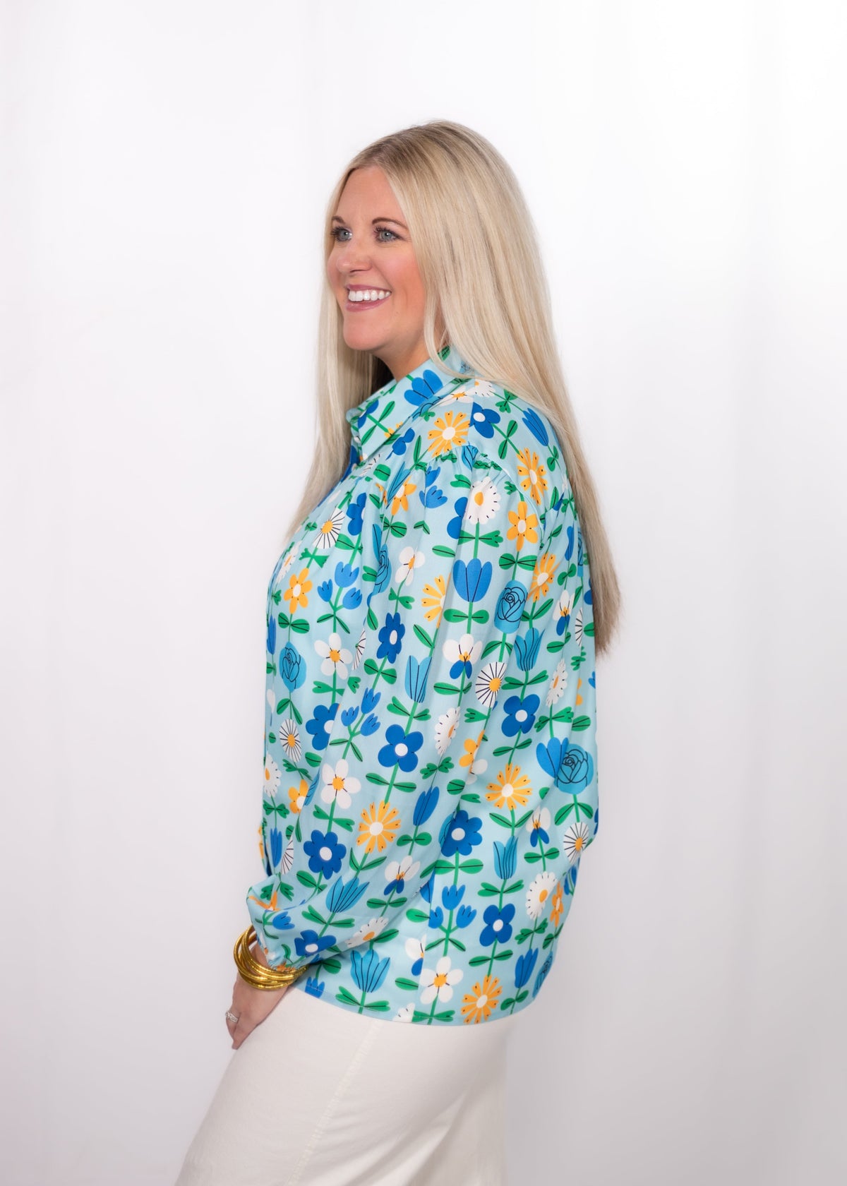 Side Kate Top blue floral button up