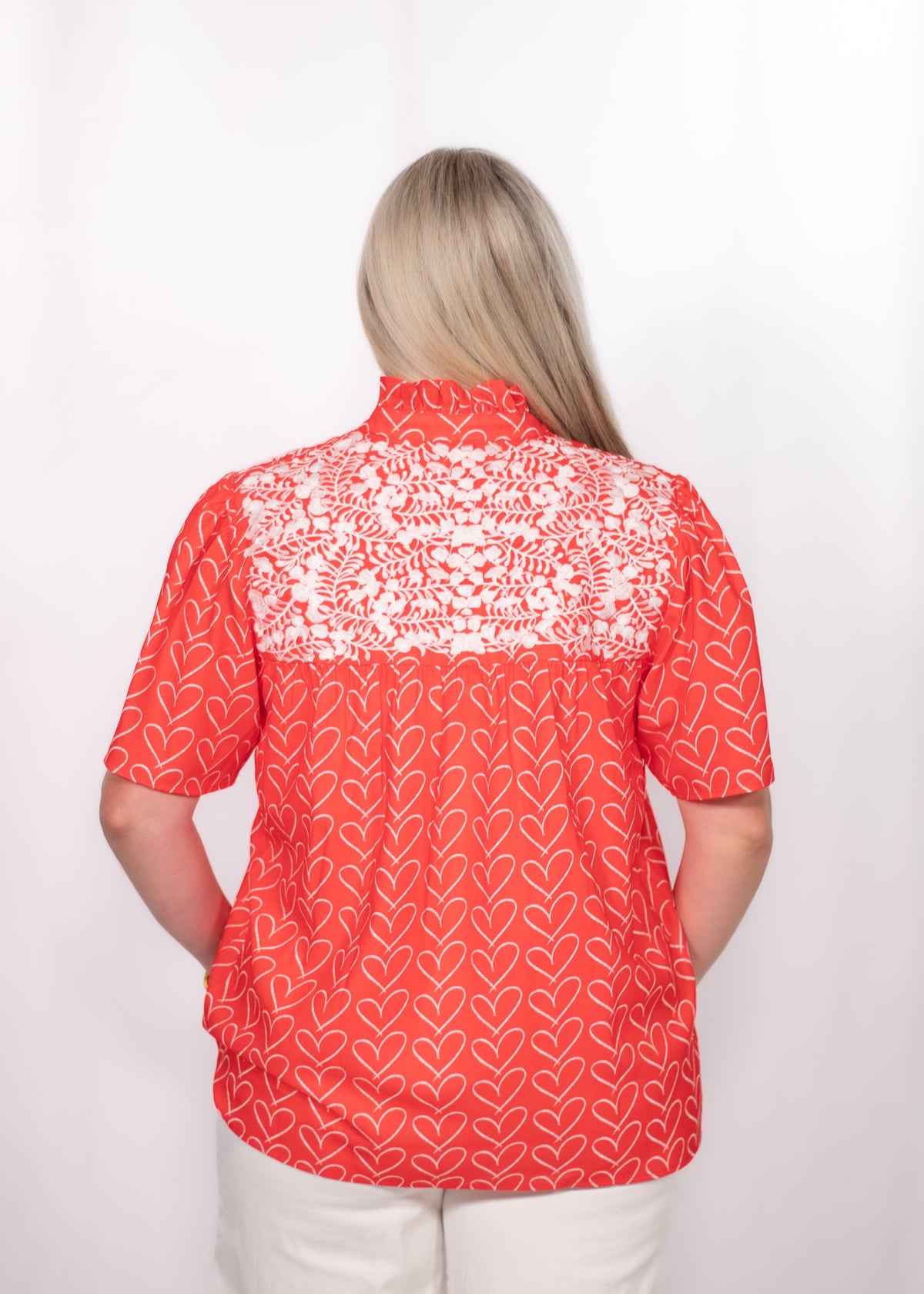 Back Honey Top red heart print top with embroidery.