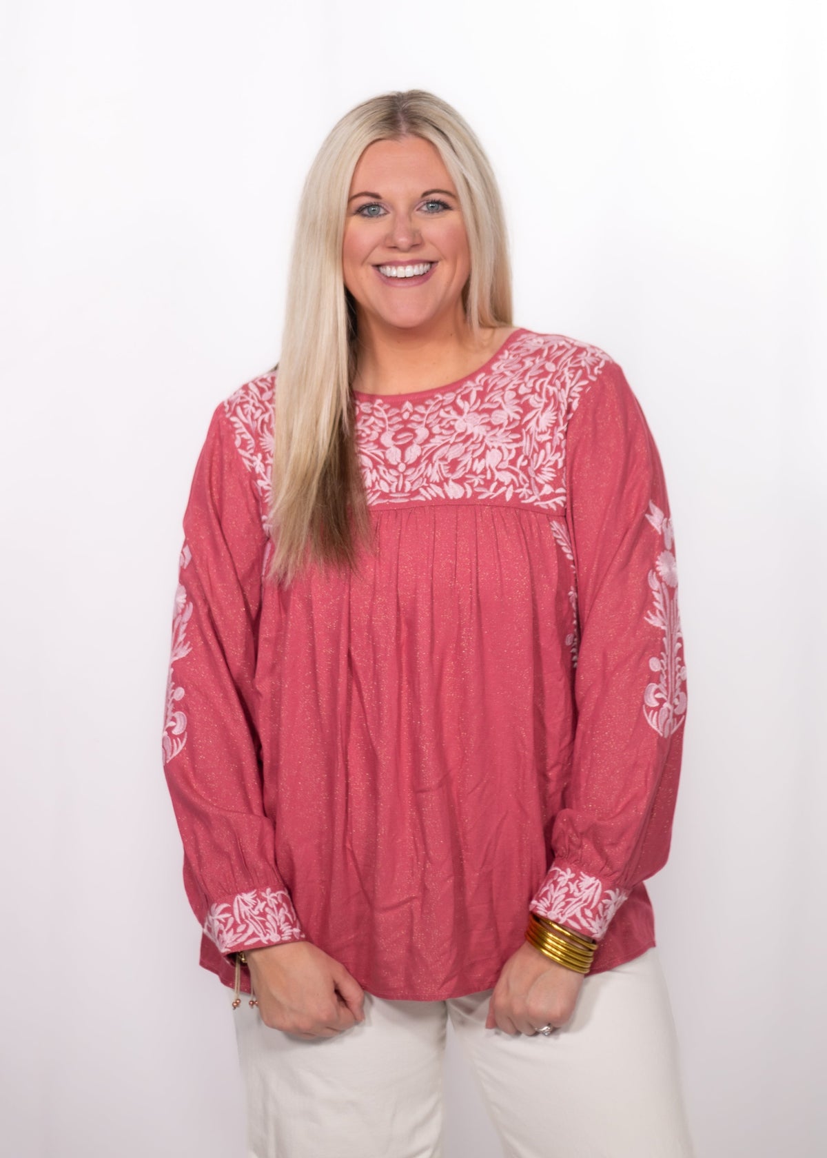 Front Lyndi Top pink sparkle long sleeve