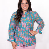 Front Tina Top cactus and rainbow printed button up.