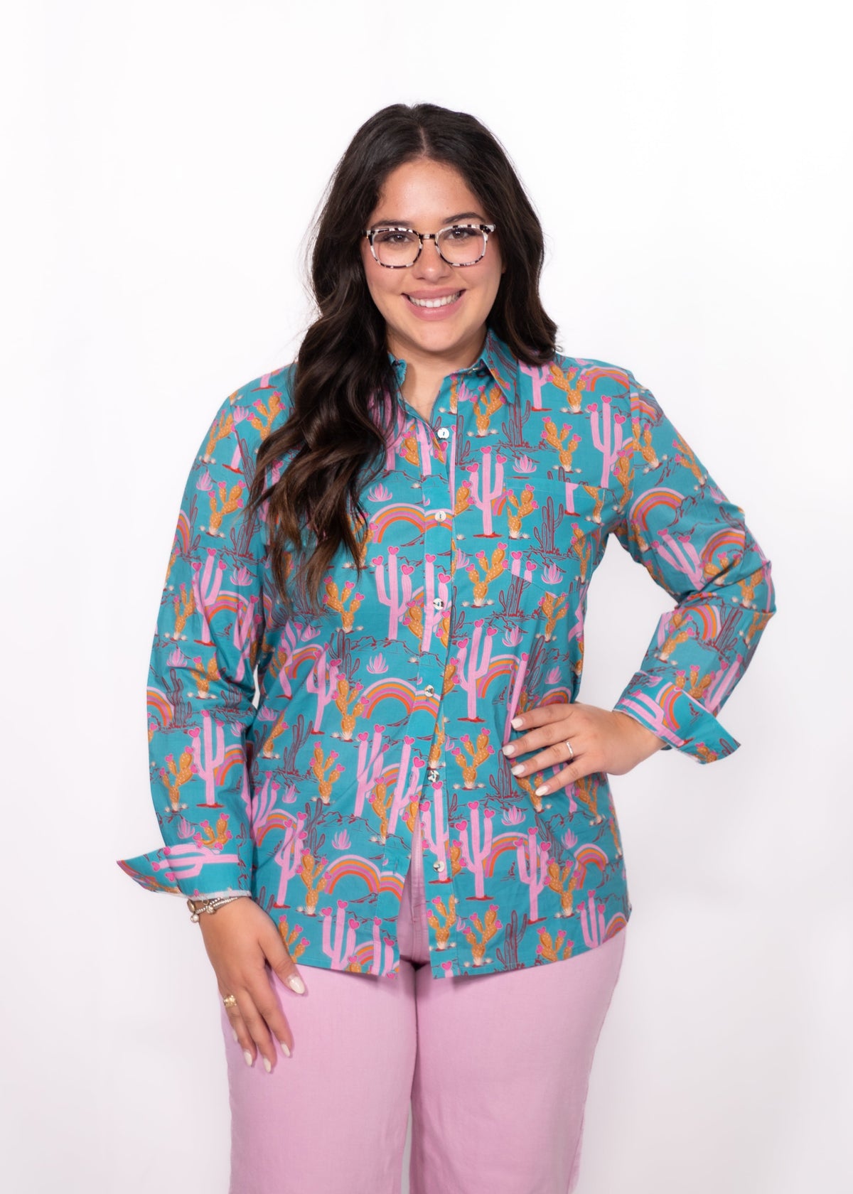 Front Tina Top cactus and rainbow printed button up.