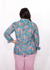 Back Tina Top cactus and rainbow printed button up.