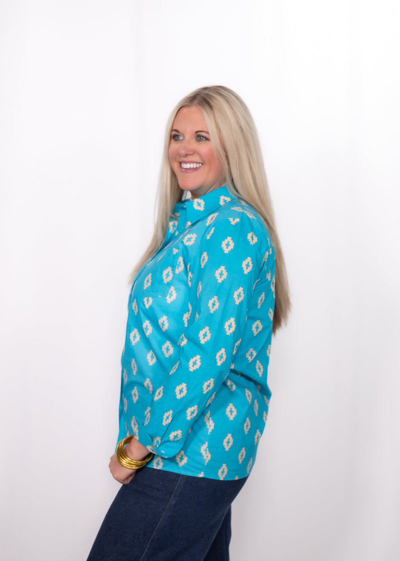 Side Mindy Top blue aztec top.