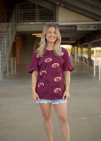 Touchdown Maroon Elbow Sleeve Top Front