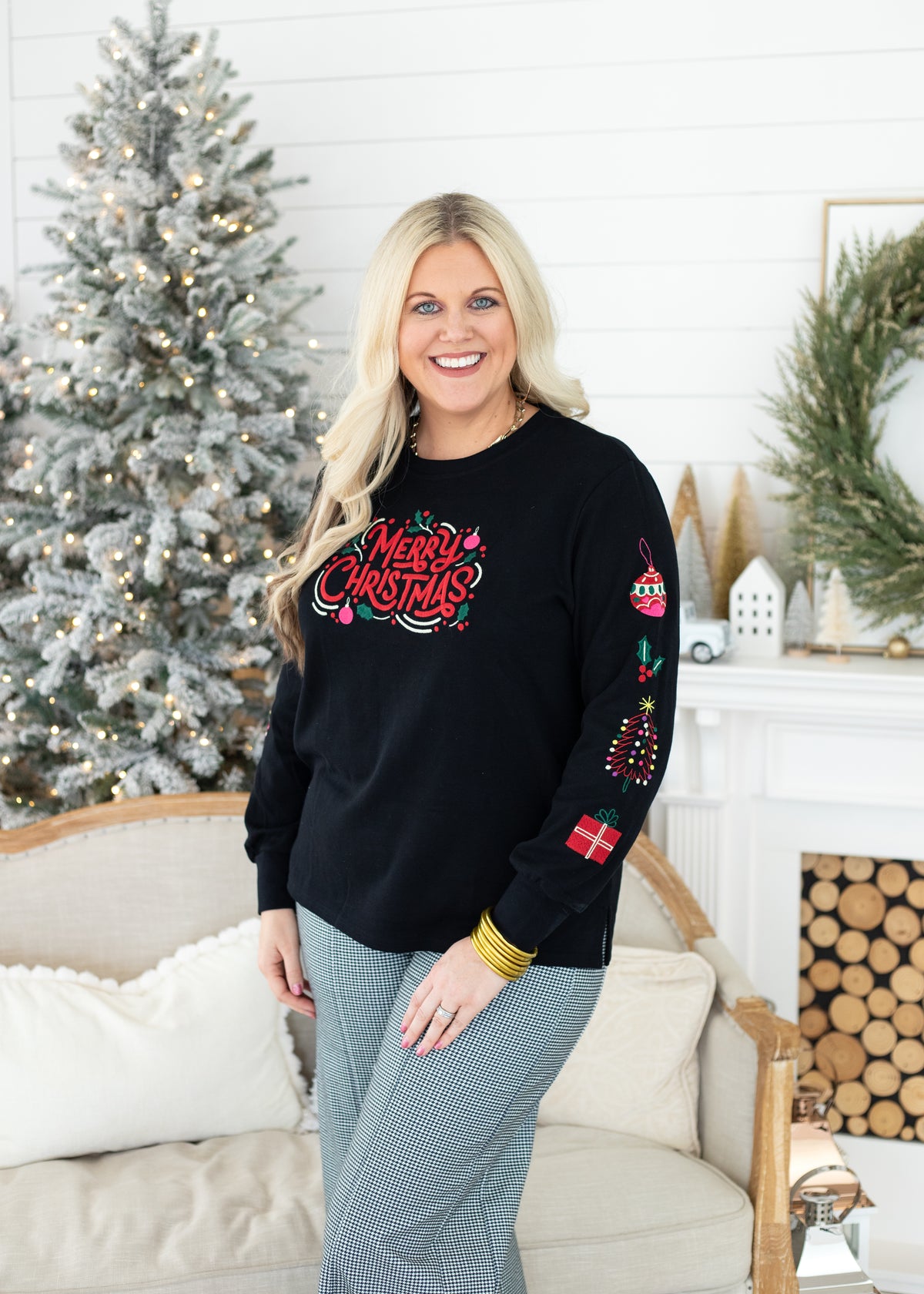 Merry Christmas Colorful Embroidery Long Sleeves Black Sweater Front