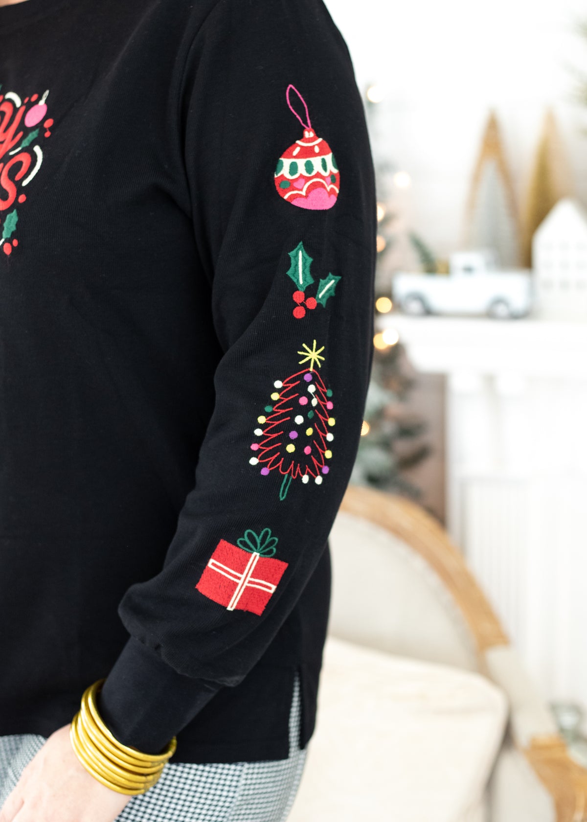 Merry Christmas Colorful Embroidery Long Sleeves Black Sweater Sleeve Detail