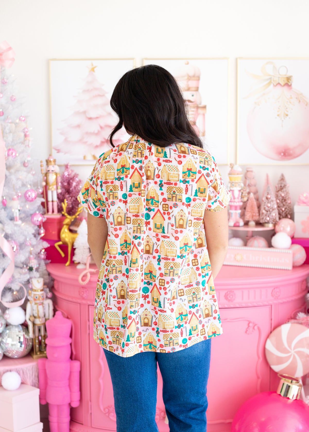 Mrs. Gingerbread Short Sleeve Button Up Top Back