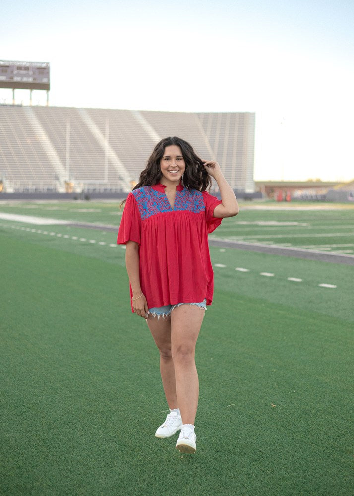 Arlington Red with Blue Embroidery Short Sleeve Top Front