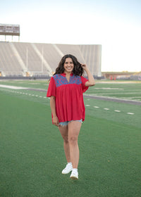 Arlington Red with Blue Embroidery Short Sleeve Top Front