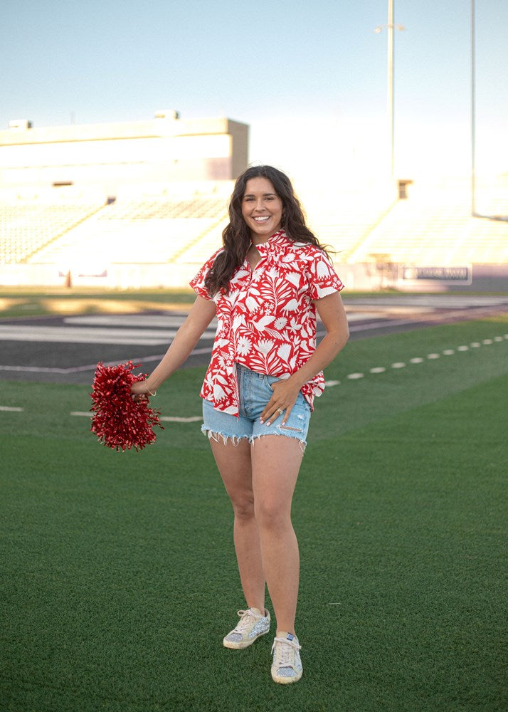 Jonie Red/White Short Sleeve Button Up Top Front