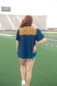 Janie Orange Embroidery Short Sleeve Blue Top Back