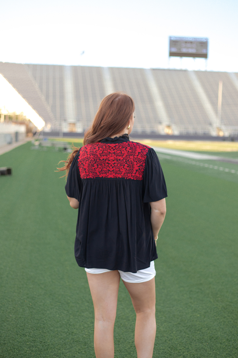 Legacy Red Embroidery Short Sleeve Black Top Back