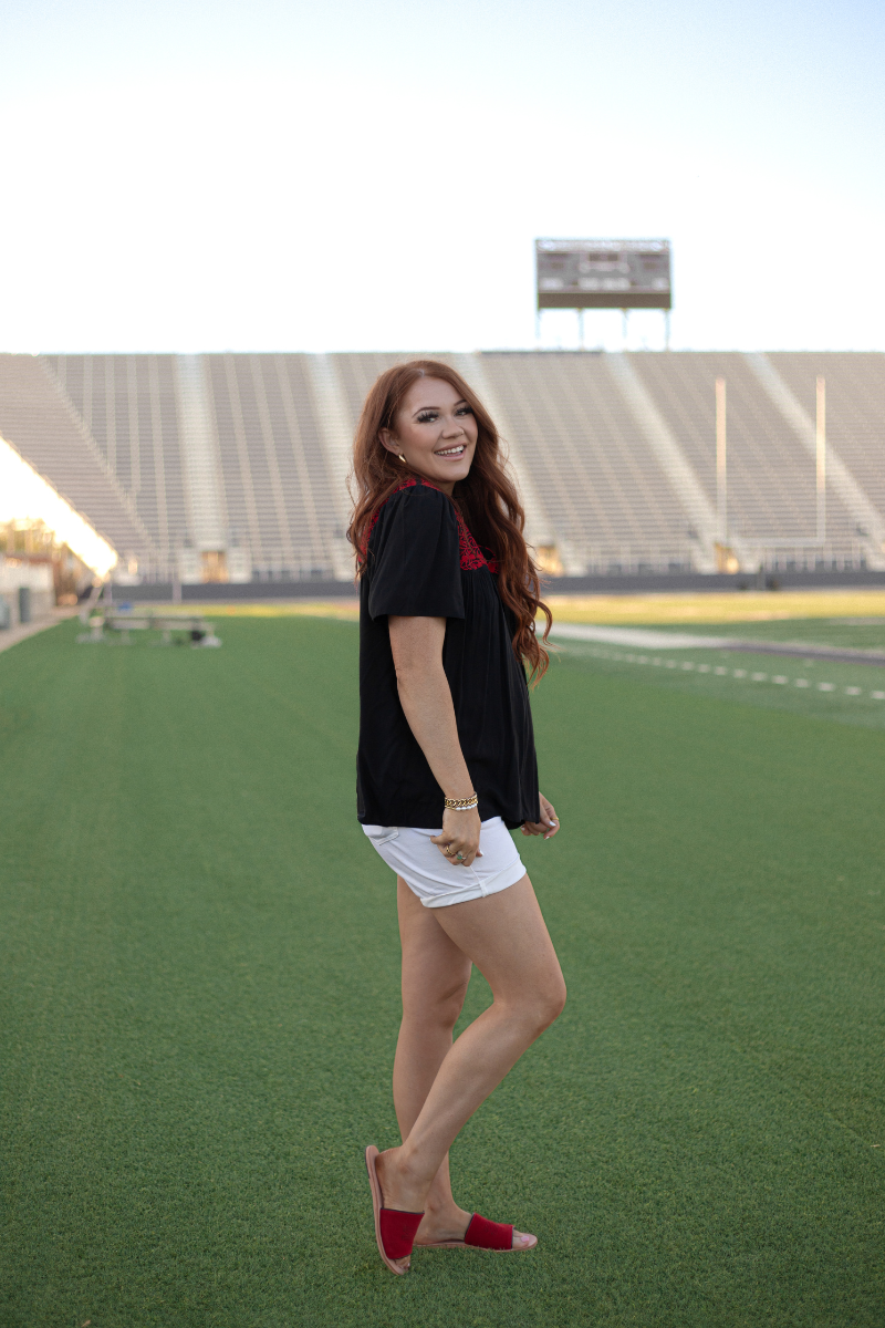 Legacy Red Embroidery Short Sleeve Black Top Side